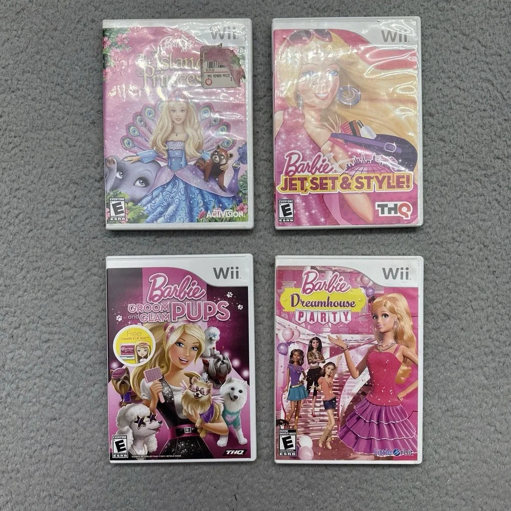 Nintendo Wii Barbie Dreamhouse Party 4 Game Lot: Pups, Island Princess & Jet Set